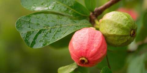 Vibrant pink guava fruits with green leaves, glistening with water droplets.