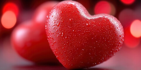 Two red hearts with water droplets create a romantic and passionate scene perfect for expressing love.