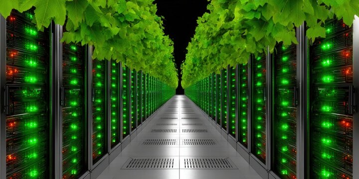 Green data center with lush leaves symbolizes sustainable technology and innovation. - Powered by Adobe