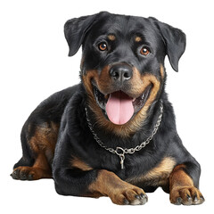 Obraz premium Rottweiler dog sitting relaxed white isolated background image, clear detail and natural light, simple clean look simple style clean look soft tone calm mood minimal style natural light clear focus hi