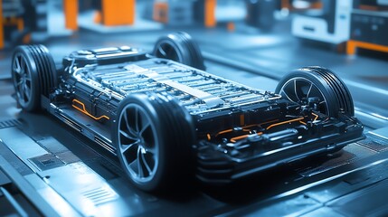 Obraz premium A detailed view of an electric vehicle battery pack with multiple cells exposed, set in a high-tech workshop environment.