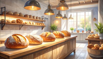 A cozy bakery interior, filled with freshly baked loaves, bathed in warm sunlight streaming through large windows.