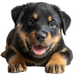 Fototapeta premium Rottweiler puppy smiling relaxing white isolated background image, clear detail and natural light, simple clean look simple style clean look soft tone calm mood minimal style natural light clear focus