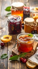 Assorted fruit jams in glass jars on a wooden table