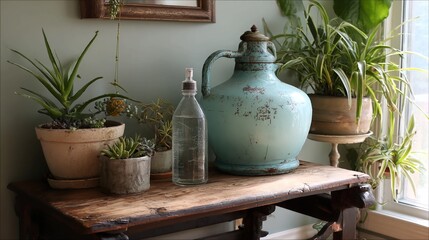 A rustic still life arrangement of various houseplants in pots, a vintage blue jug, and a glass bottle on a wooden table by a window.