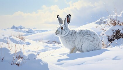 A serene white hare rests on a snowy landscape under a bright sky, showcasing the detailed texture of its fur and the serene beauty of winter.