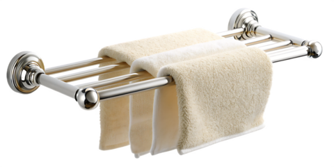 Bathroom towel rack with cream towels isolated on a transparent background holder
