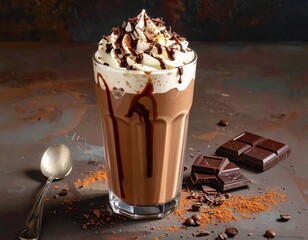 A refreshing, decadent chocolate milkshake, topped with whipped cream and chocolate syrup, sits in a tall glass, surrounded by chocolate pieces and cocoa powder.