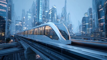 Sleek, futuristic monorail train glides through a modern, illuminated cityscape with towering skyscrapers.
