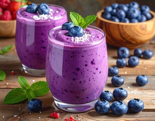 Two vibrant purple blueberry smoothies, garnished with fresh mint and coconut flakes, sit on a rustic wooden surface.