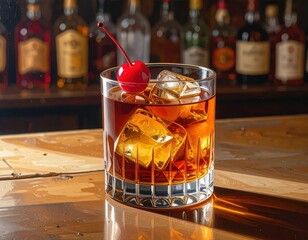 A rich amber cocktail, garnished with a vibrant cherry, sits atop a wooden bar, showcasing a warm and inviting ambiance.