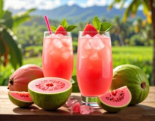 Refreshing pink guava drink in tall glasses, garnished with fresh fruit, sits on a wooden table outdoors in a tropical setting.