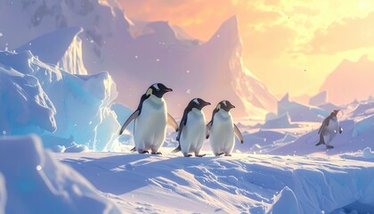 Three penguins stroll across a pristine icy landscape bathed in the warm glow of sunrise.