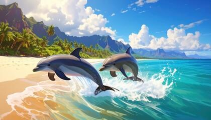Two dolphins leap playfully in a tropical ocean scene, showcasing a vibrant beach and majestic mountains.