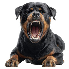 Fototapeta premium Scary Rottweiler dog with open mouth and visible fangs white isolated background image, clear detail and natural light, simple clean look simple style clean look soft tone calm mood minimal style natu