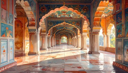 A magnificent, ornate architectural hall, showcasing vibrant colors and intricate details, creates a sense of serene grandeur.