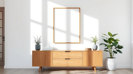 Modern poster frame mockup in Scandinavian interior with wooden sideboard and plants, minimal and stylish design.