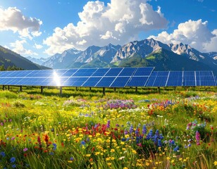 A vibrant meadow, dotted with wildflowers, hosts a large array of solar panels, nestled beneath a backdrop of majestic mountains on a sunny day.
