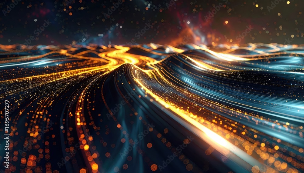 Poster abstract digital artwork featuring swirling, luminous streams of light, creating a dynamic and mesme