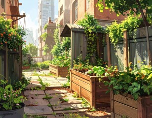 A sun-drenched urban garden path winds through a tranquil alleyway, filled with vibrant greenery and wooden planter boxes.