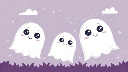 Obraz premium Adorable Cartoon Ghosts Family Halloween Illustration Cute Spooky Spirit Characters Design