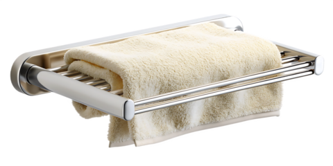 Beige towel on chrome bathroom rack isolated on a transparent background hand towel
