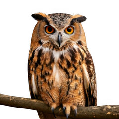Obraz premium Owl sitting on branch, isolated on white and transparent background.