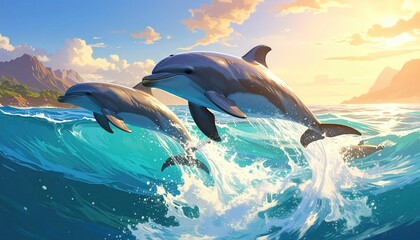 Two playful dolphins leap gracefully through vibrant ocean waves, bathed in the warm glow of a serene sunrise.