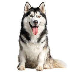 Obraz premium Siberian husky sitting tongue out white isolated background image, clear detail and natural light, simple clean look simple style clean look soft tone calm mood minimal style natural light clear focus