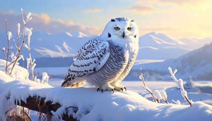A majestic snowy owl perches proudly on a snow-covered log against a backdrop of serene winter mountains.