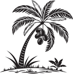 Coconut Palm Tree Vector Illustration with Tropical Leaves and Fruits – Black and White Nature Design