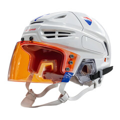 Naklejka premium Side view ice hockey helmet mockup with visor glass white isolated background image, clear detail and natural light, simple clean look simple style clean look soft tone calm mood minimal style natural