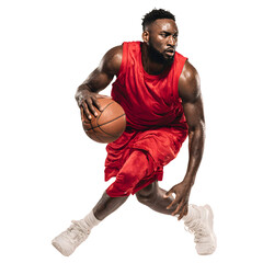 Side view of pro basketball player dribbling a ball while running in red jersey white isolated background image, clear detail and natural light, simple clean look simple style clean look soft tone cal