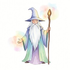Watercolor Illustration of Wise Wizard with Staff Magic Fantasy Character