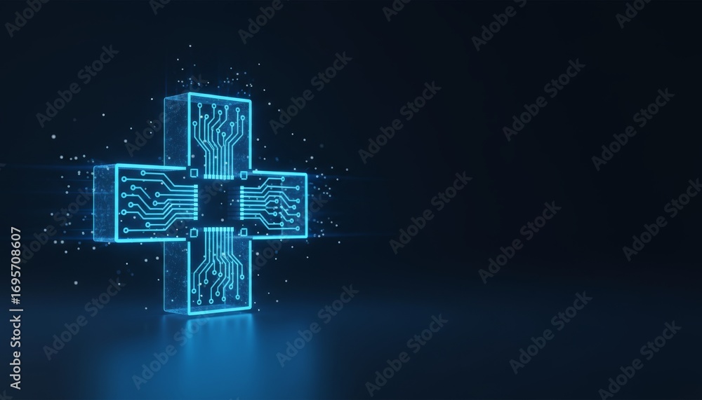 Poster glowing blue medical cross icon with circuit patterns on a dark background for health and technology