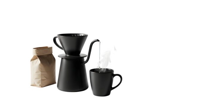 Pour over coffee brewing setup with black kettle, dripper, mug, and coffee bag isolated on transparent background, a minimalist and stylish coffee