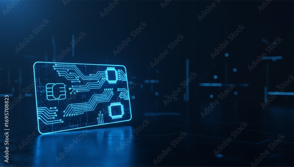 Poster minimalist glowing credit card illustration with circuit patterns in a silhouette style, upscaled fo