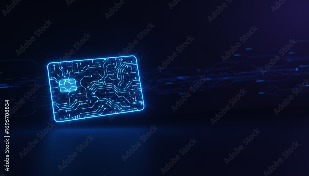 Poster minimalistic neon credit card silhouette with glowing circuit design against a dark background for m