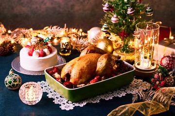 クリスマスツリーとイルミネーションを背景に、ローストチキンとイチゴのクリスマスケーキが並ぶ華やかな食卓　家族や恋人と過ごすホリデーシーズンの特別なディナーシーン