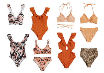 Womens Summer Swimwear Collection OnePiece Bikini Sets Ruched  Floral Prints isolated on transparent background