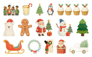PNG Festive holiday cartoon illustrations, element set on transparent background
