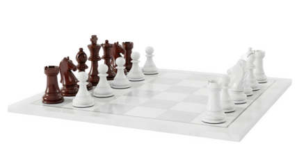 A strategic chess game with black and white pieces on a checkered board isolated on transparent background, showcasing intellect and strategy