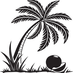 Coconut Palm Tree with Tropical Nuts Vector Illustration, Black and White Exotic Fruit Drawing Isolated on White Background