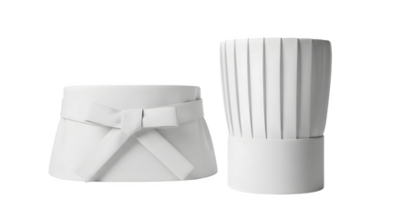 A chefs hat and apron, neatly arranged side by side, symbolizing culinary profession, expertise, and kitchen attire isolated on transparent background