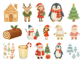 PNG Festive holiday characters and decorations, element set on transparent background