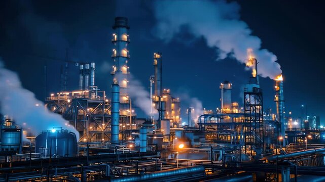 chemical plant at sunset. Drone shot. Curling fire and cumin smoke filling the sky. Smoking chimneys from the factory.