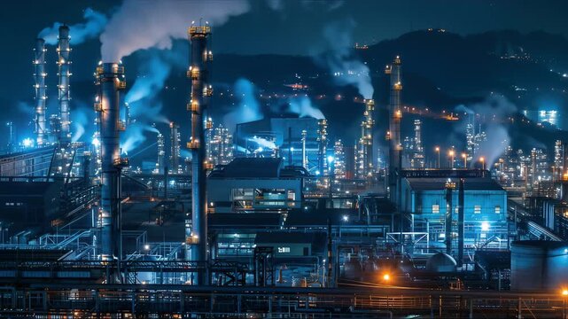 chemical plant at sunset. Drone shot. Curling fire and cumin smoke filling the sky. Smoking chimneys from the factory.