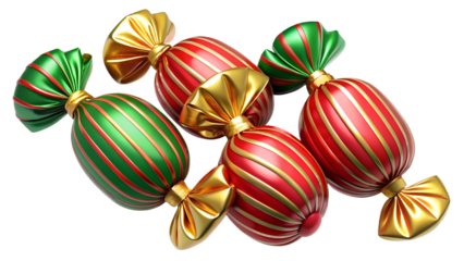 3d illustration of a group of four festive, wrapped candy decorations in red and green with gold bows, isolated on a transparent background, evoking holiday cheer