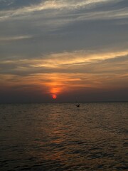 Fototapeta premium A red sun, with a lone bird flying over 