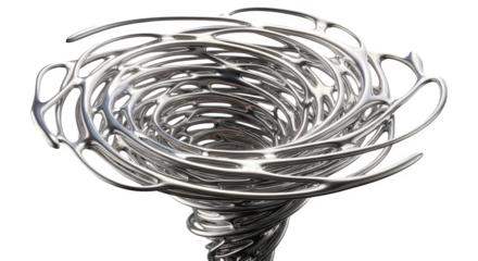 Abstract metallic sculpture isolated on transparent background, representing a futuristic vortex or tornado with intricate details and a modern aesthetic